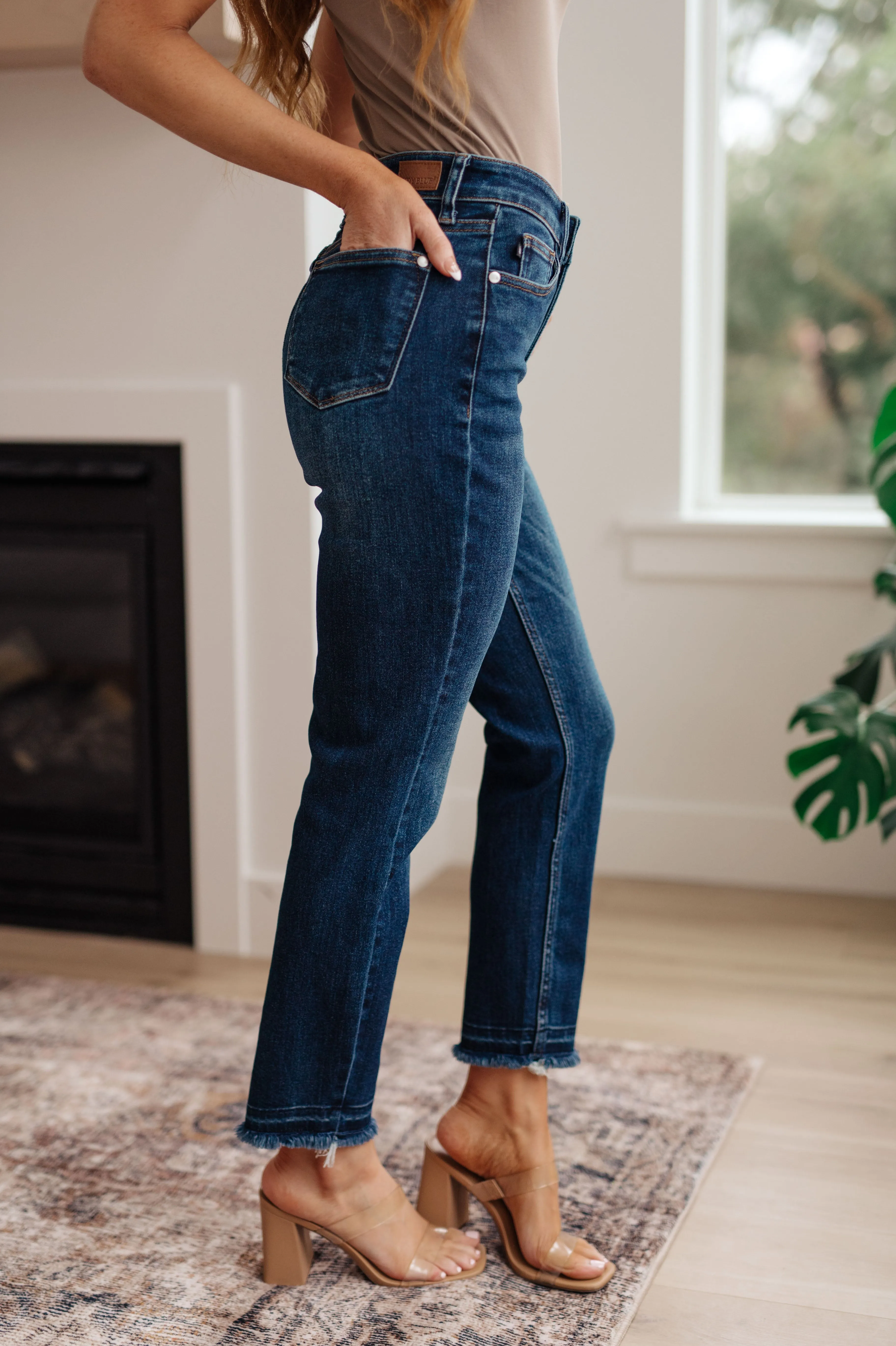 High Rise Release Hem Slim Jeans