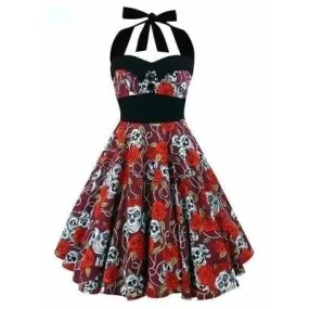 Vintage Style Sleeveless 3D Skull Floral Printed Summer Women's Dress Retro