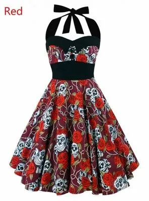 Vintage Style Sleeveless 3D Skull Floral Printed Summer Women's Dress Retro