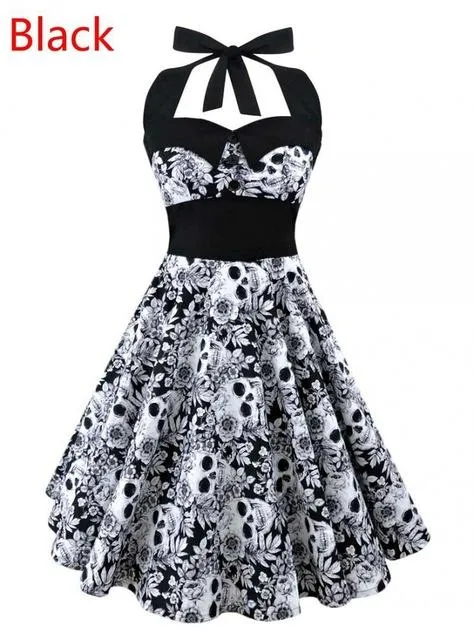 Vintage Style Sleeveless 3D Skull Floral Printed Summer Women's Dress Retro