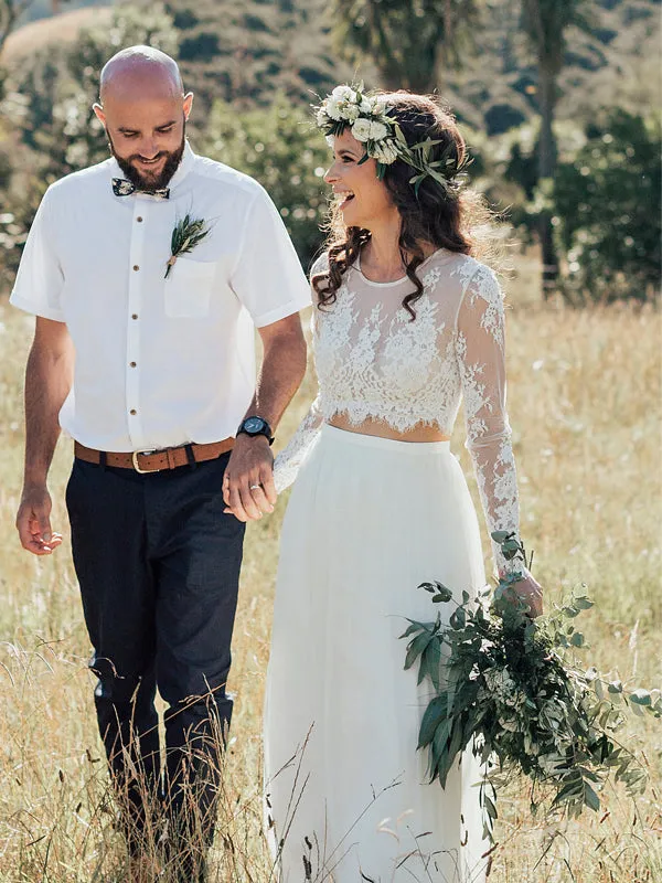 Two Piece Ivory Chiffon Wedding Dress with Lace Top and Long Sleeves