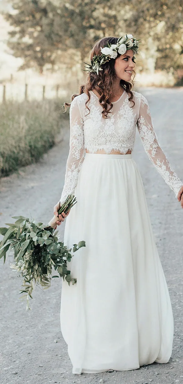 Two Piece Ivory Chiffon Wedding Dress with Lace Top and Long Sleeves