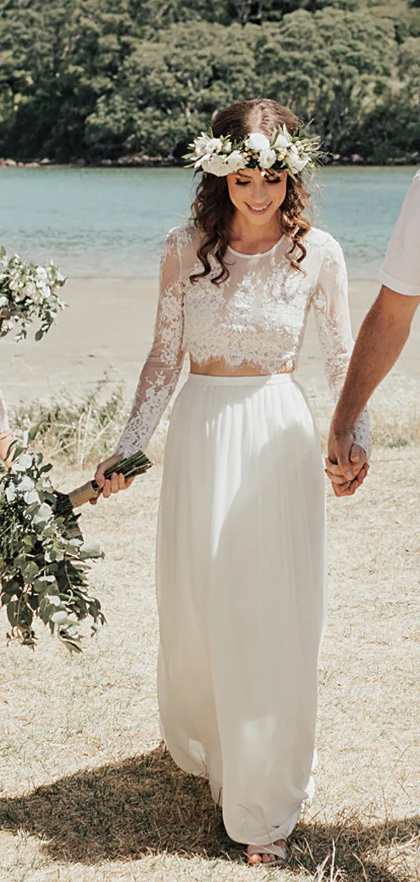 Two Piece Ivory Chiffon Wedding Dress with Lace Top and Long Sleeves