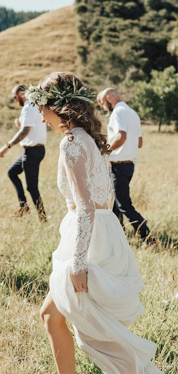 Two Piece Ivory Chiffon Wedding Dress with Lace Top and Long Sleeves