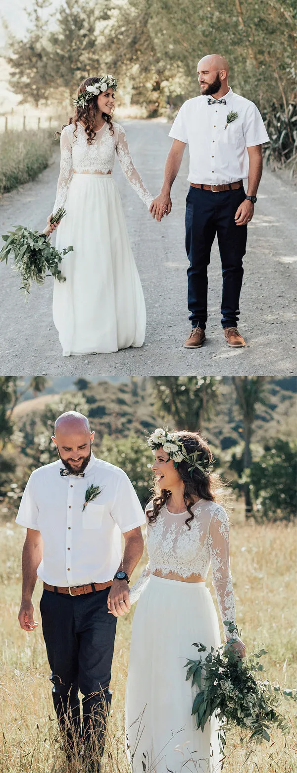 Two Piece Ivory Chiffon Wedding Dress with Lace Top and Long Sleeves