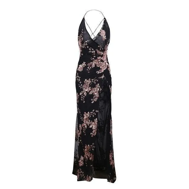 Lace Up Halter Sequin High Split Party Maxi Dresses Women's Sexy