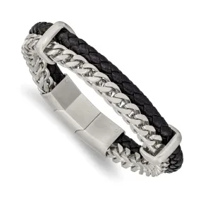 Black Leather Stainless Steel Chain Bracelet