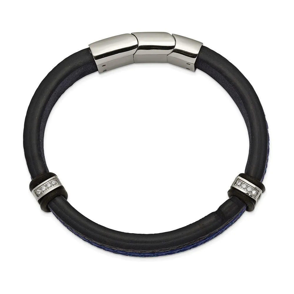 Adjustable Black/Blue Leather & CZ Stainless Steel Bracelet