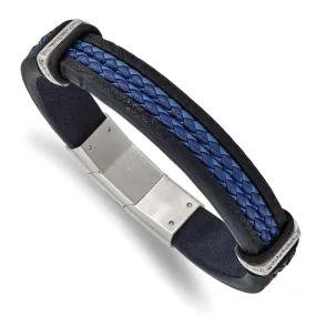 Adjustable Black/Blue Leather & CZ Stainless Steel Bracelet