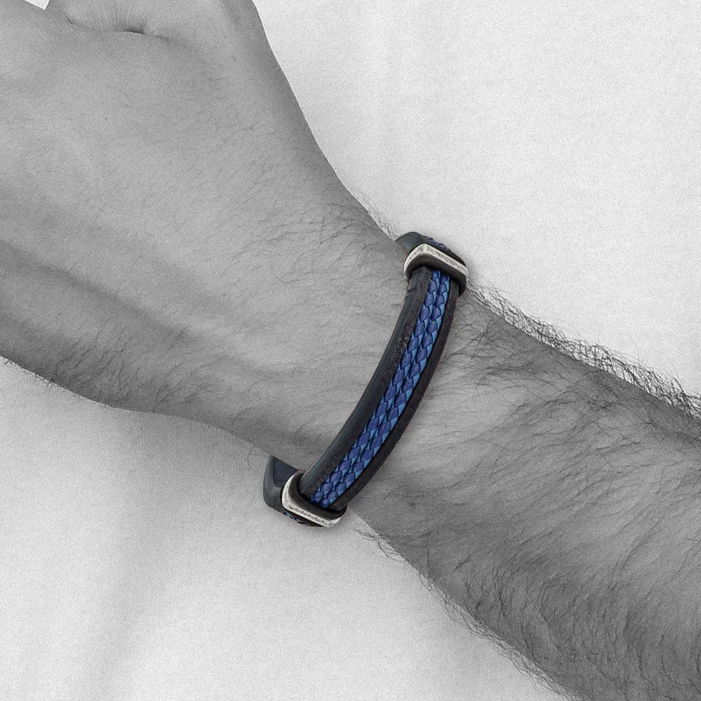 Adjustable Black/Blue Leather & CZ Stainless Steel Bracelet