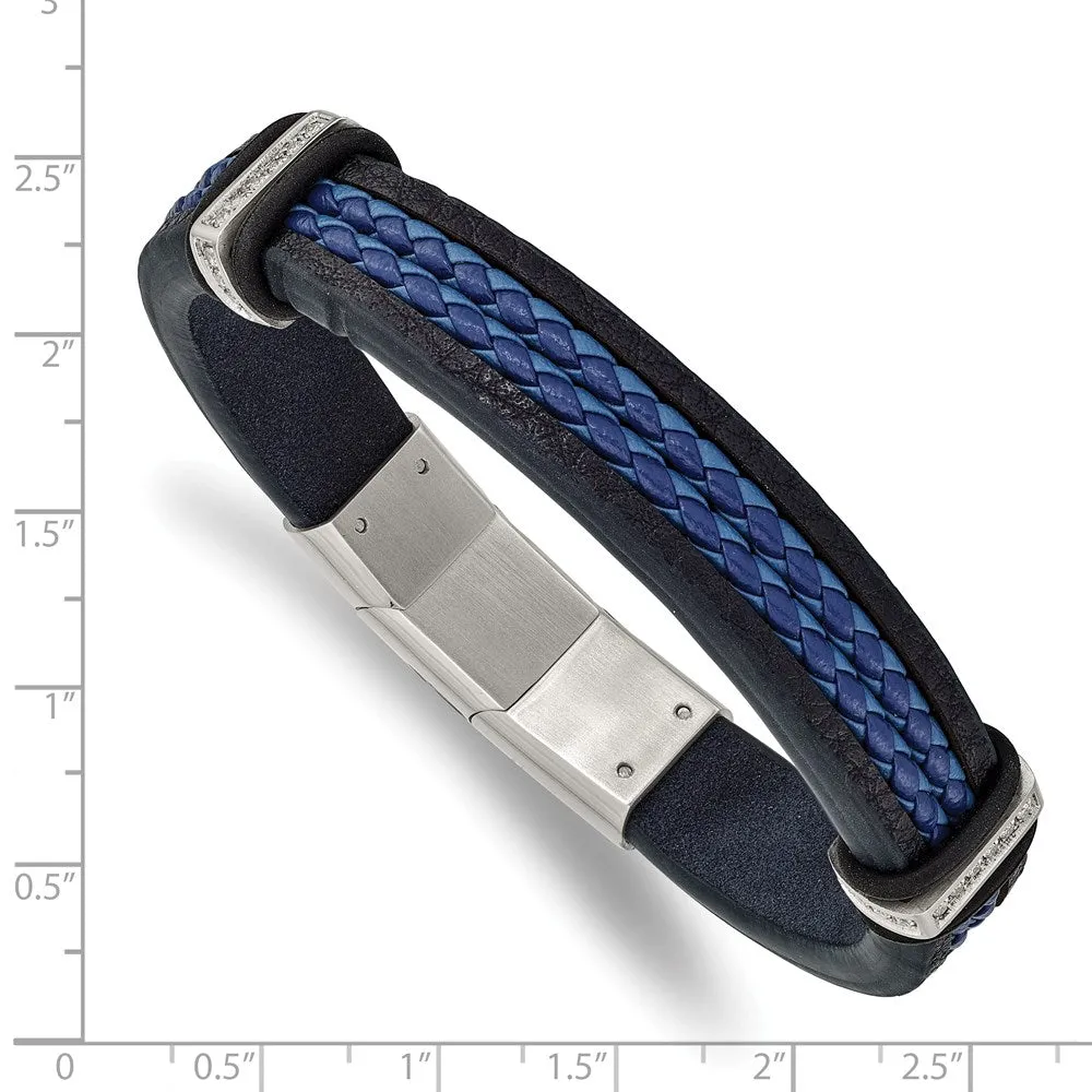 Adjustable Black/Blue Leather & CZ Stainless Steel Bracelet