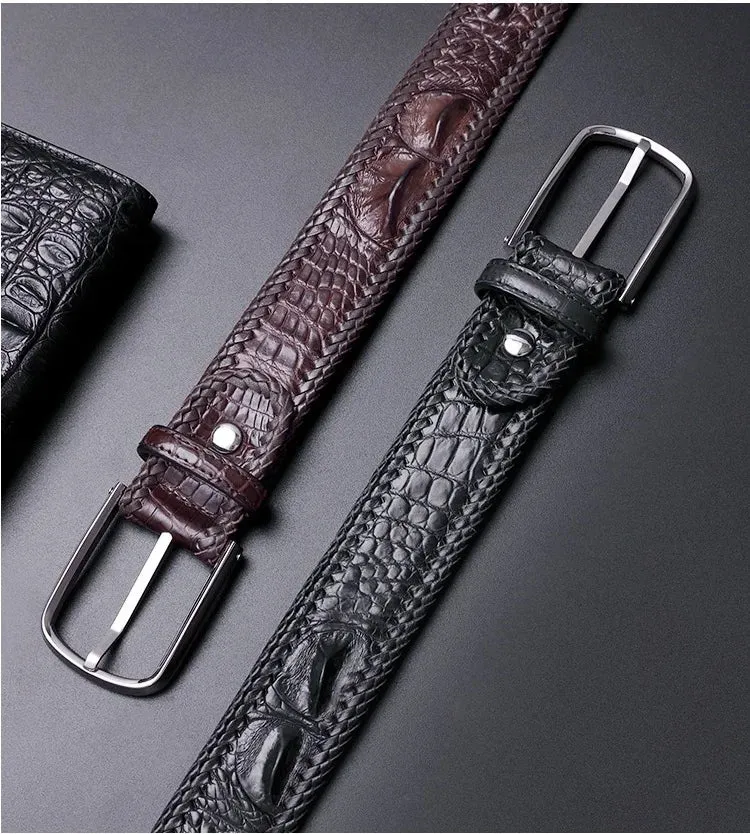 Stainless Steel Pin Buckle Genuine Crocodile Leather Men's Belt