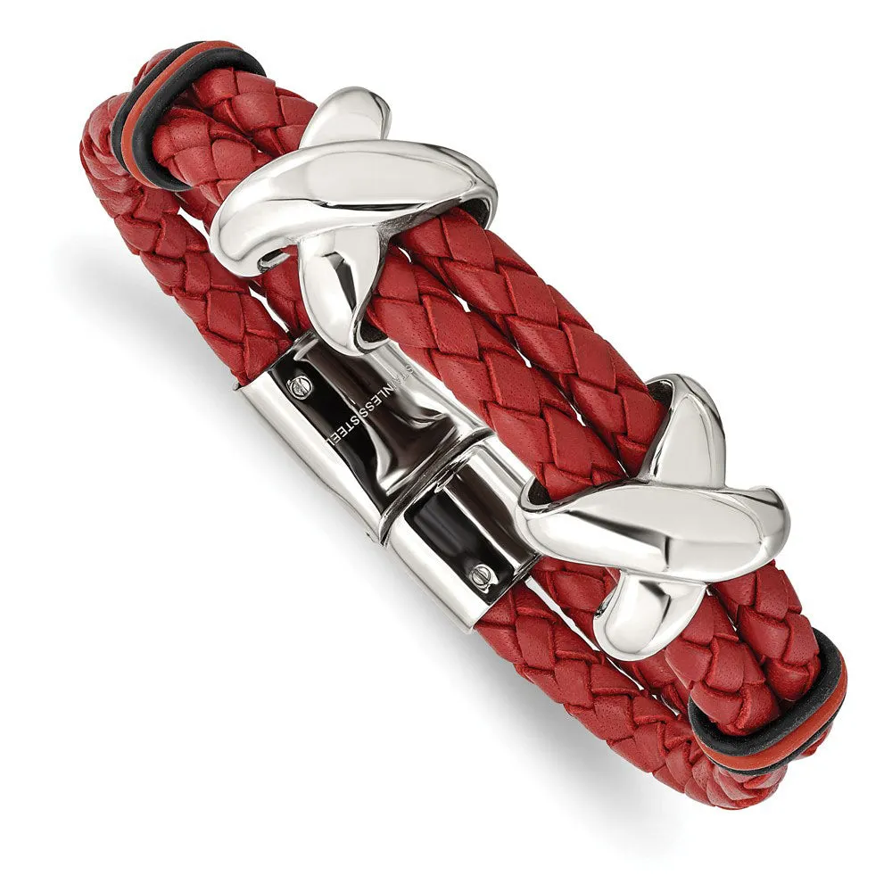 8 Steel, Red Leather & Rubber Bead Bracelet