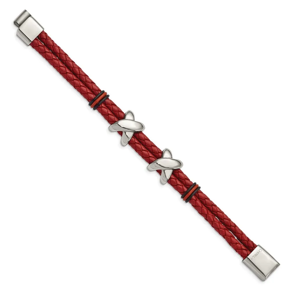 8 Steel, Red Leather & Rubber Bead Bracelet