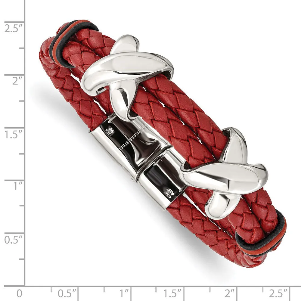 8 Steel, Red Leather & Rubber Bead Bracelet