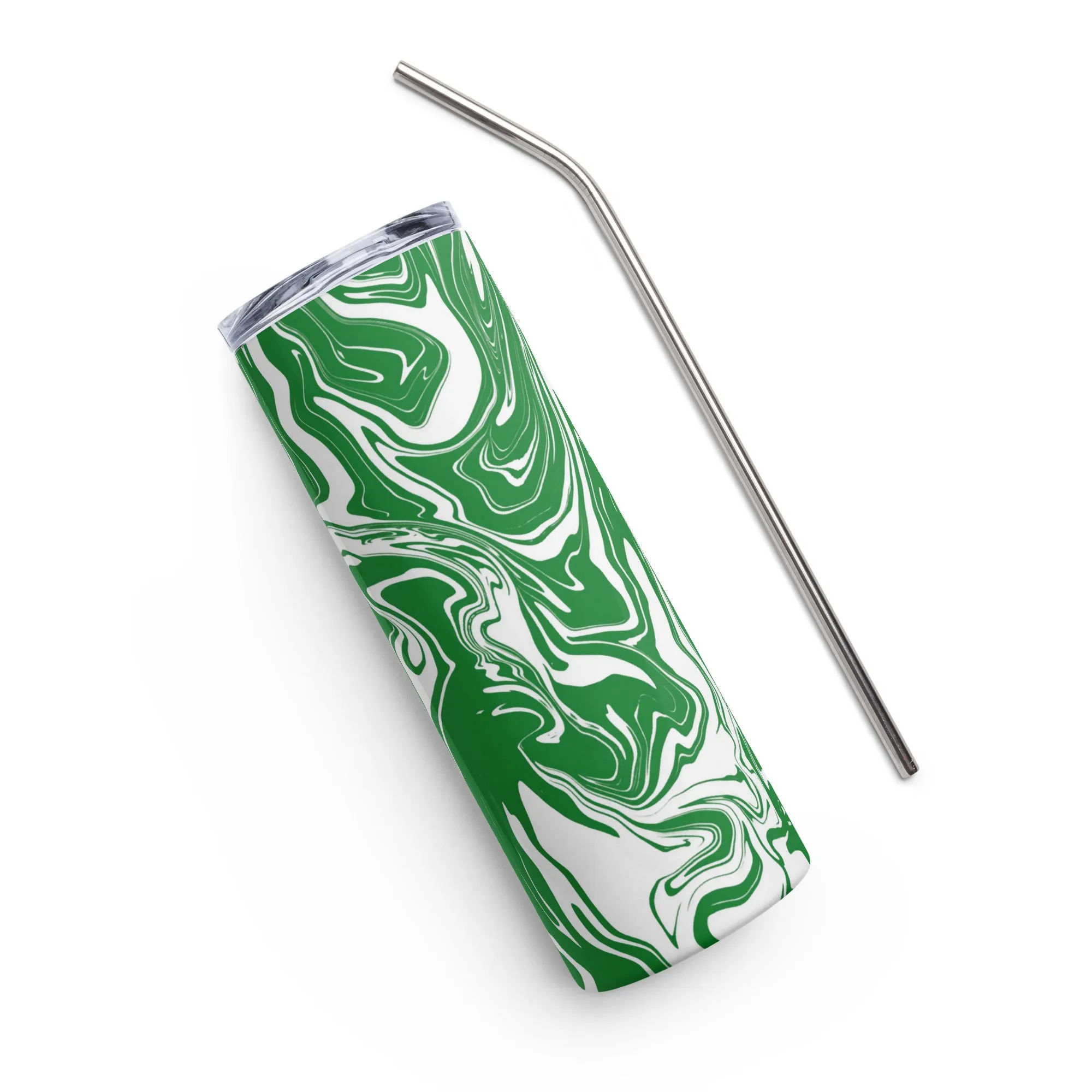 20 oz Green and White Stainless Steel Tumbler Oil Spill