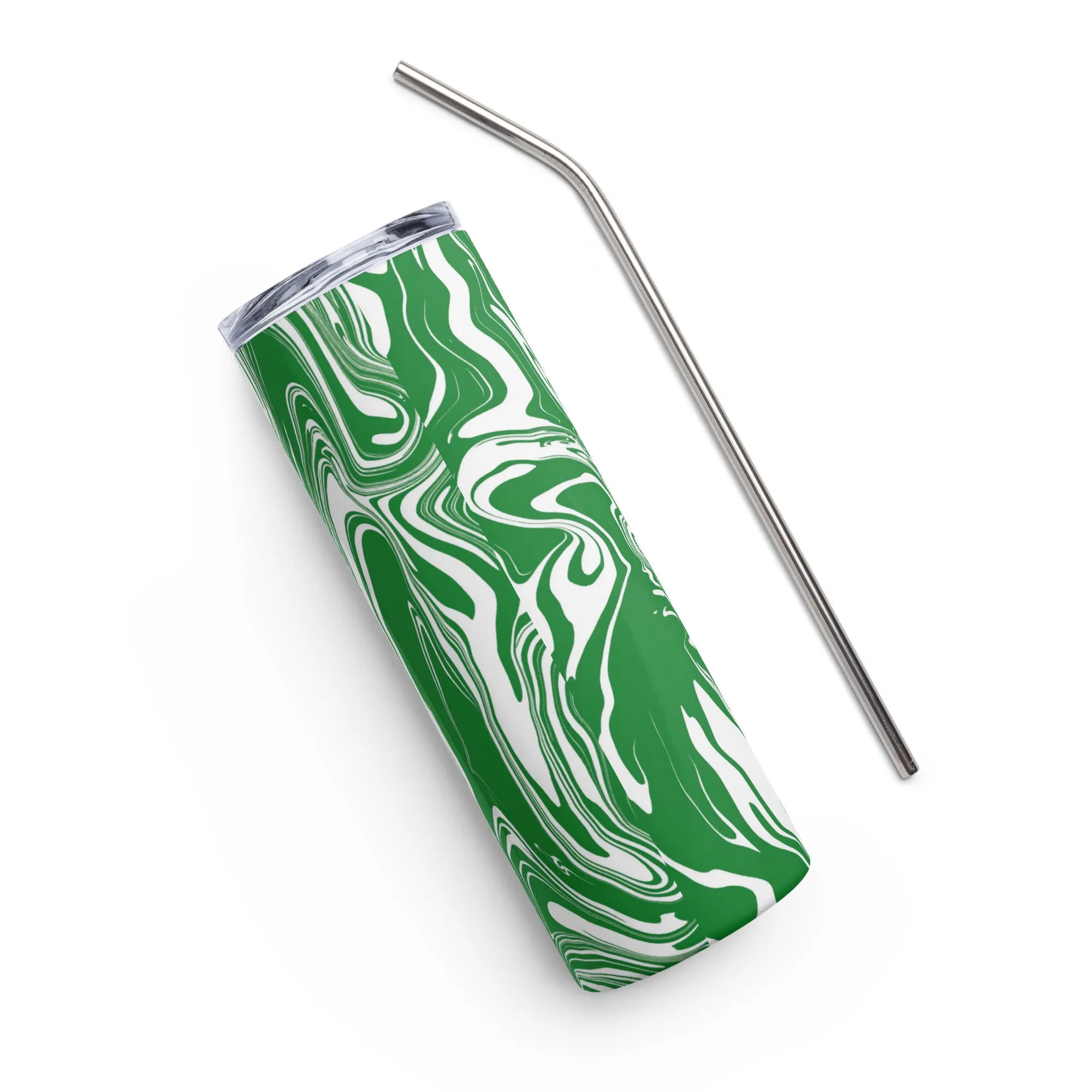 20 oz Green and White Stainless Steel Tumbler Oil Spill