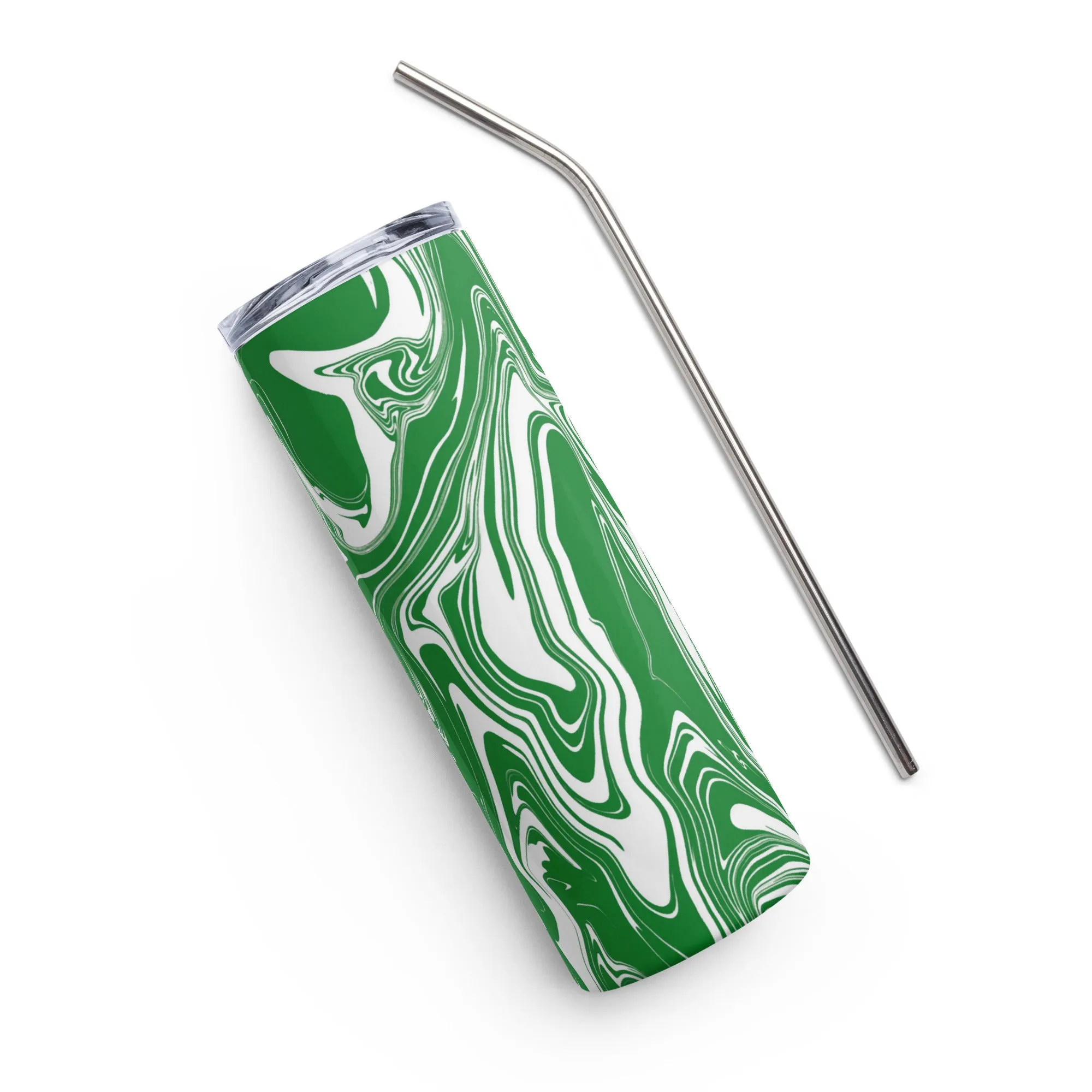 20 oz Green and White Stainless Steel Tumbler Oil Spill