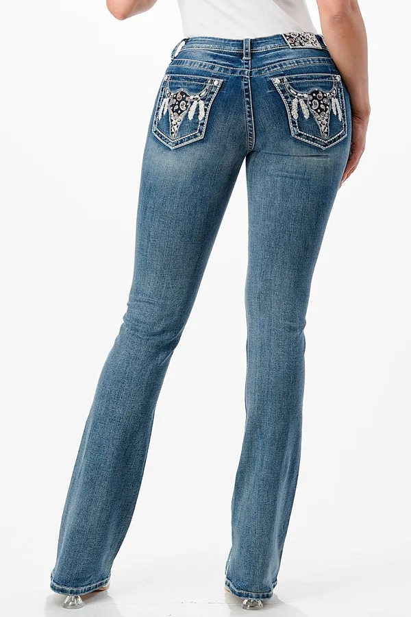 Steer Head Detail Embellished Mid Rise Bootcut Jeans