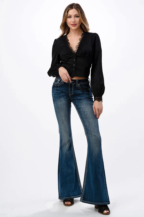 Mid Rise Flare Jeans with 3D Steer Head Detail