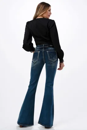 Mid Rise Flare Jeans with 3D Steer Head Detail