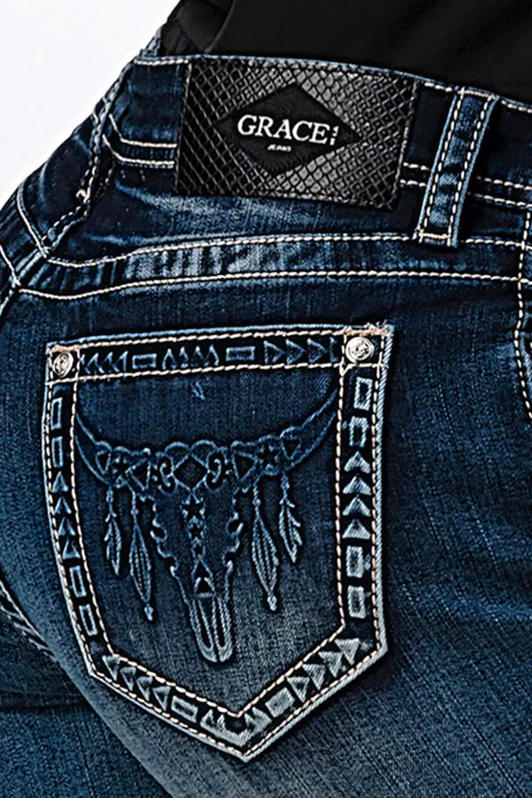 Mid Rise Flare Jeans with 3D Steer Head Detail