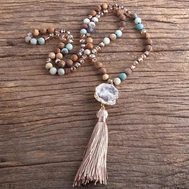 Long Knotted Tassel Stone Necklace