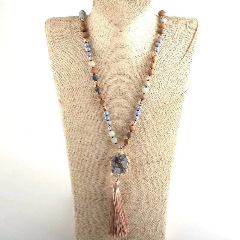 Long Knotted Tassel Stone Necklace