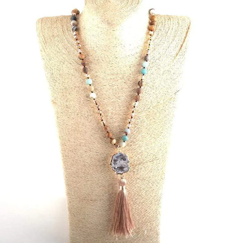 Long Knotted Tassel Stone Necklace