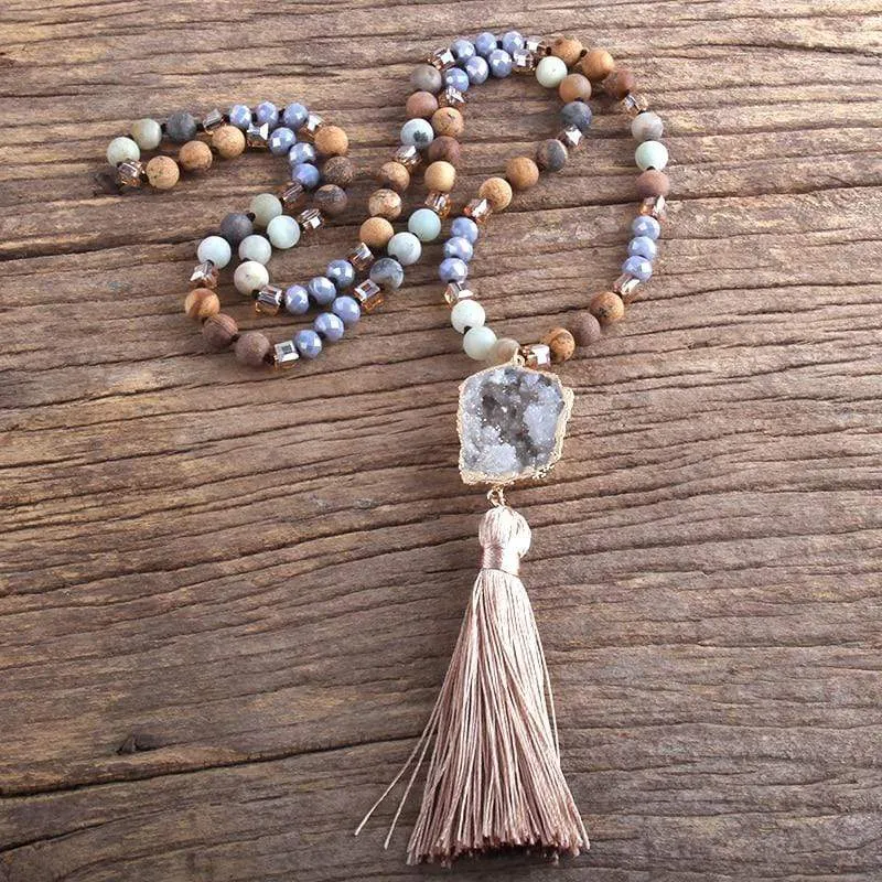 Long Knotted Tassel Stone Necklace