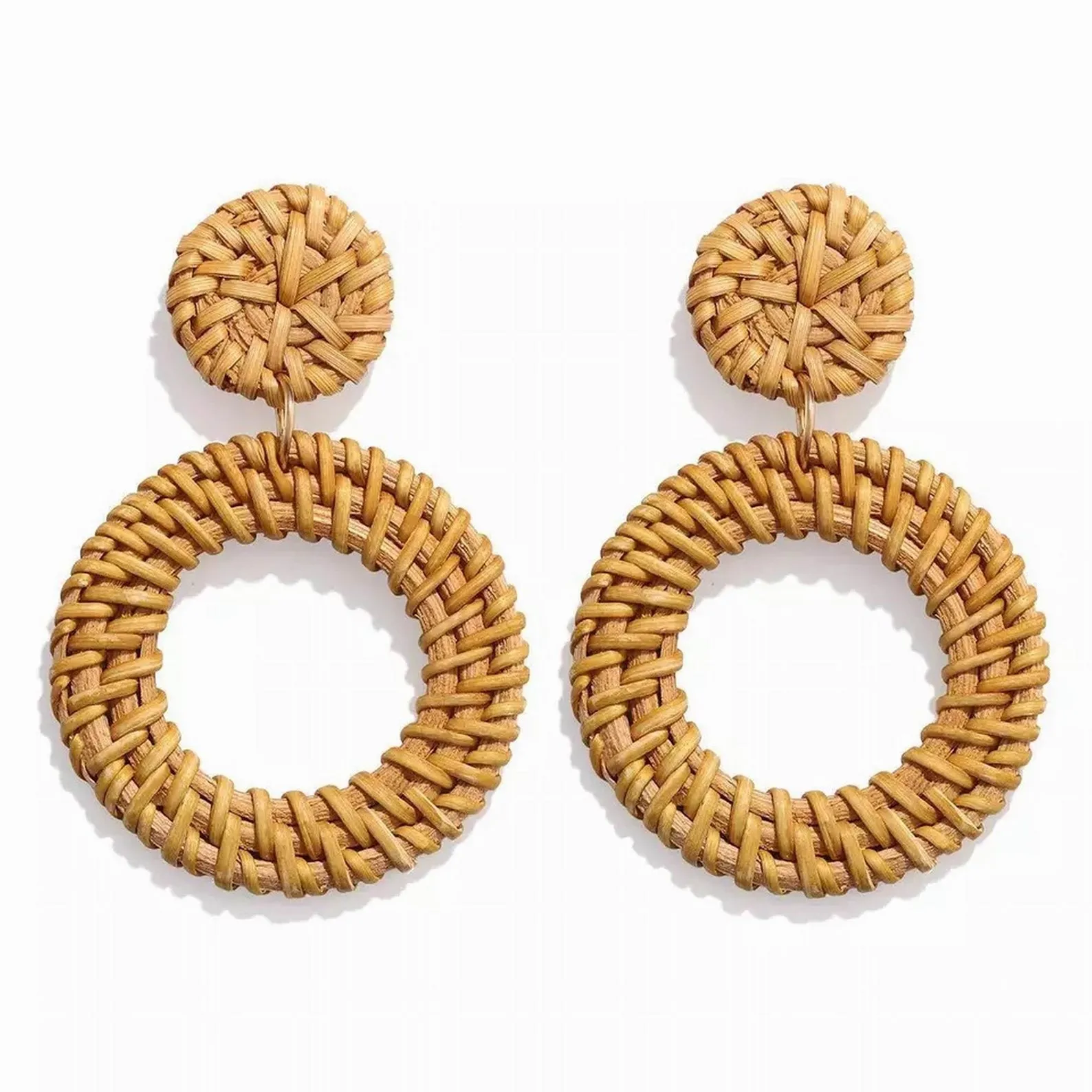 Tan Woven Hoop Earrings - Rattan Earrings