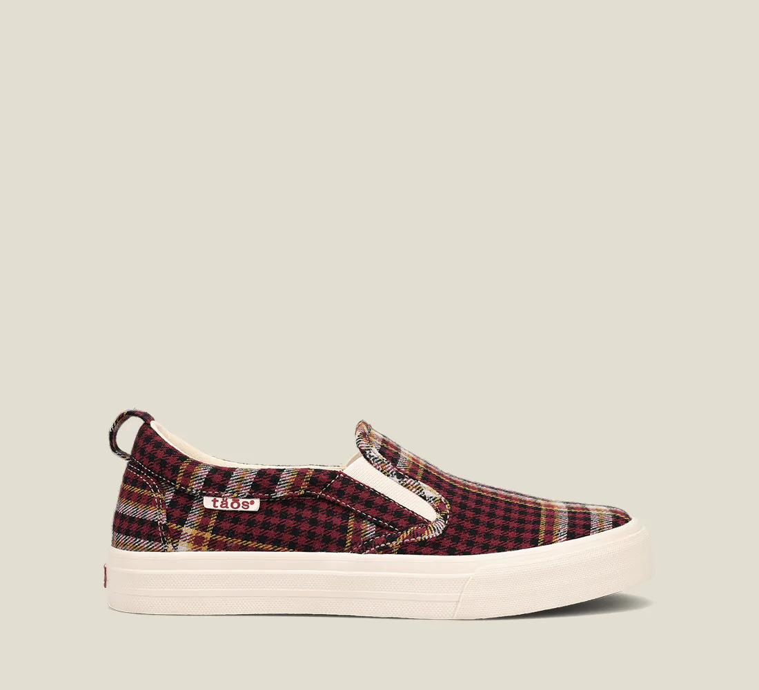 Burgundy Plaid Taos Women's Slip On Shoes with Rubber Sole Canvas