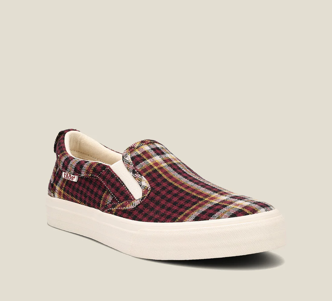 Burgundy Plaid Taos Women's Slip On Shoes with Rubber Sole Canvas