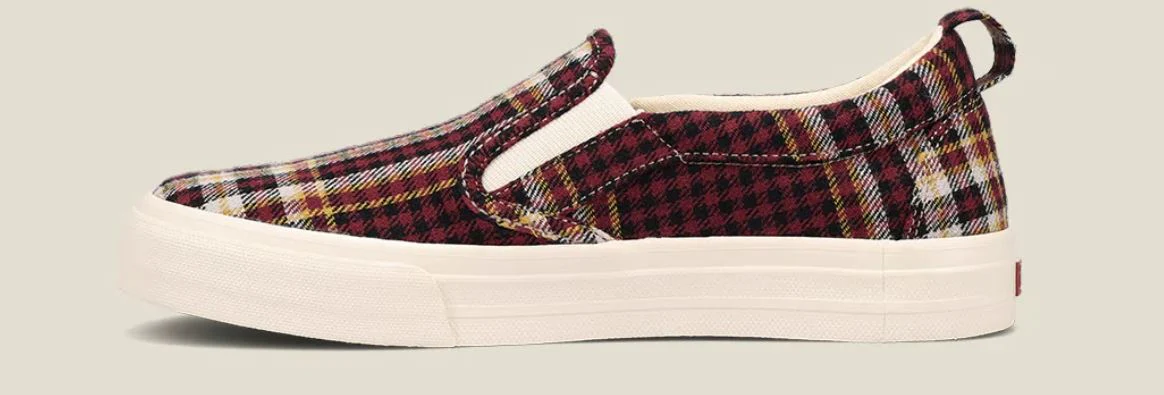 Burgundy Plaid Taos Women's Slip On Shoes with Rubber Sole Canvas