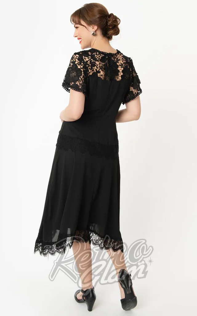 Unique Vintage Marmande Lace Flapper Dress in Black Size Small