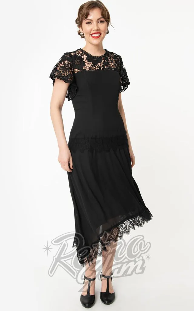 Unique Vintage Marmande Lace Flapper Dress in Black Size Small