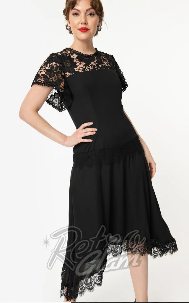 Unique Vintage Marmande Lace Flapper Dress in Black Size Small