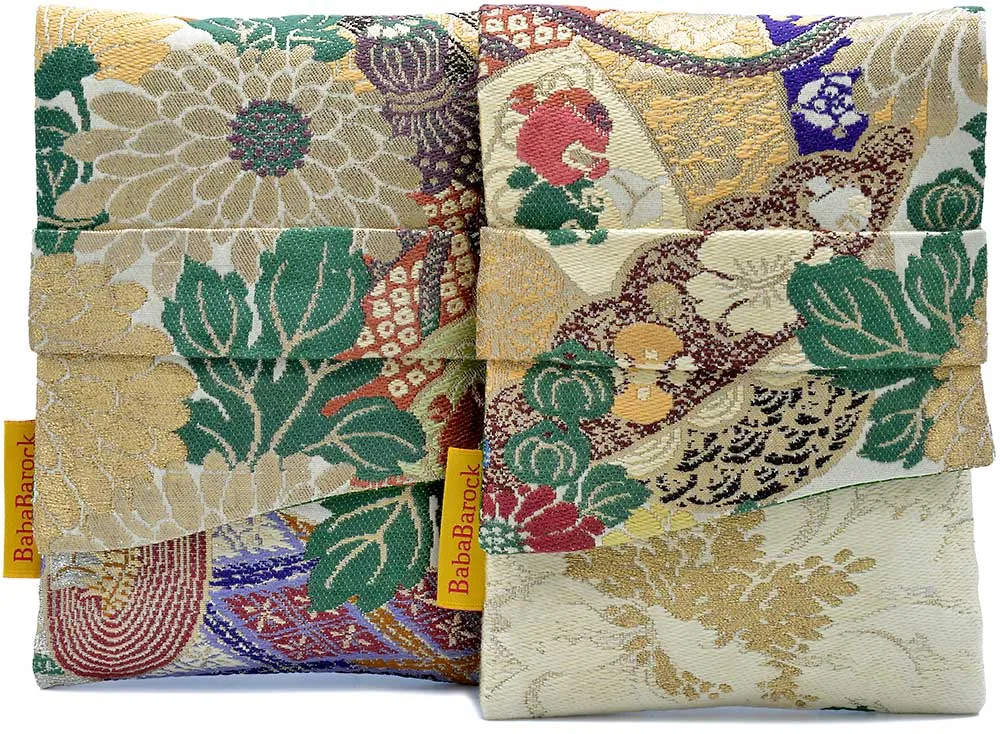 Japanese Vintage Silk Foldover Pouch - Colourful Chrysanthemums