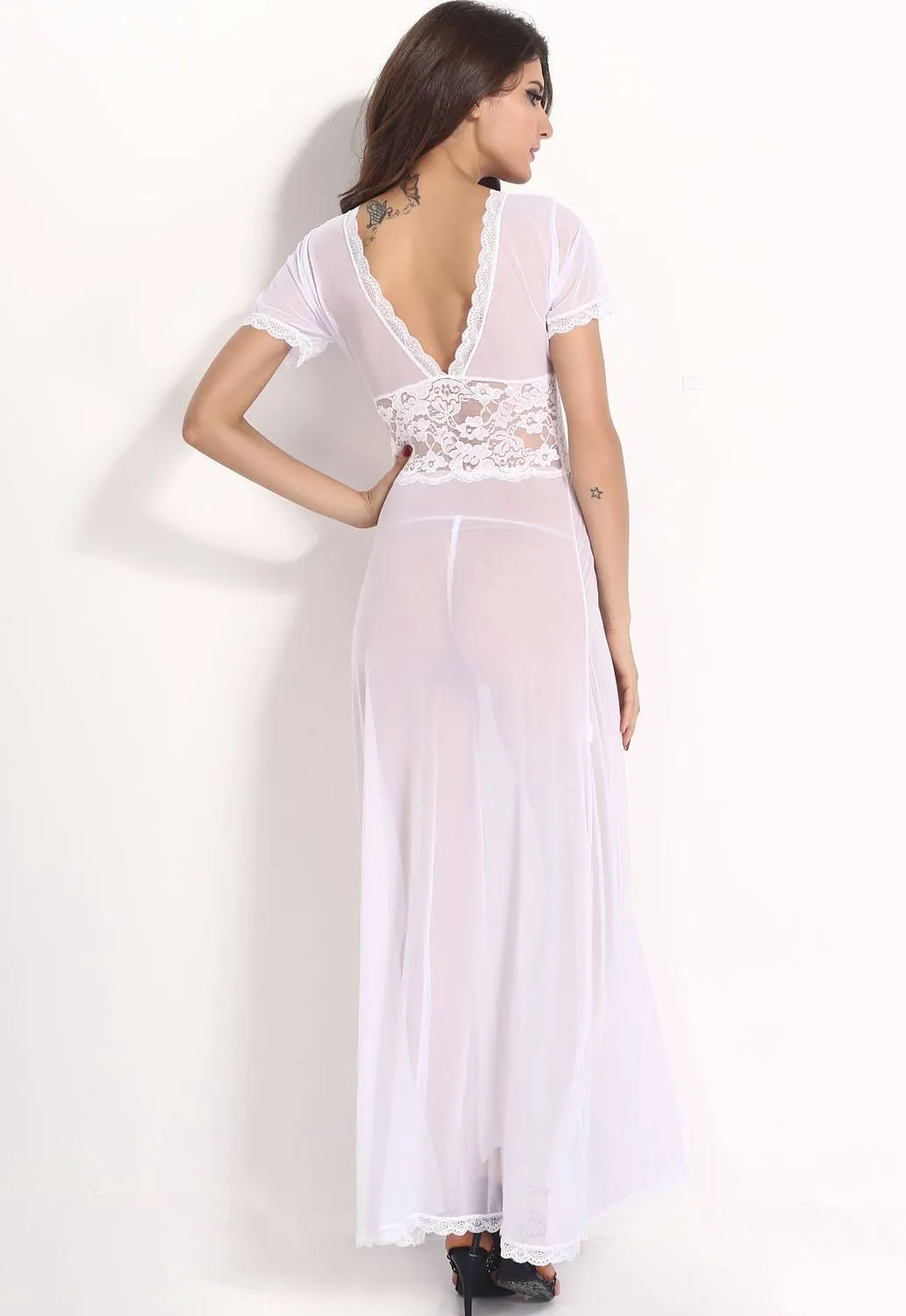 White Mesh Lace V Neck Gown