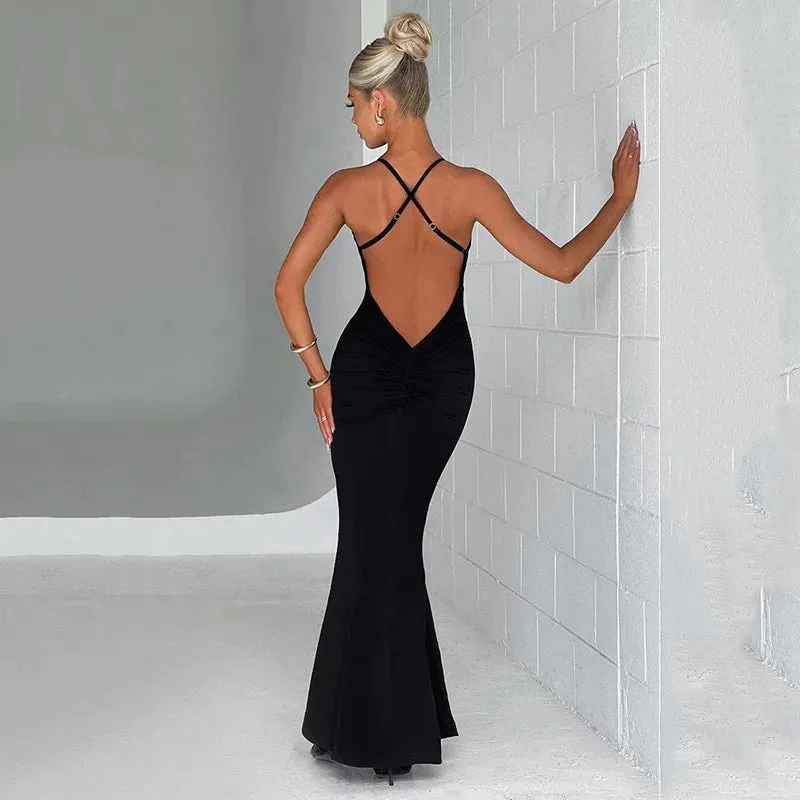 Women's Sexy Backless Maxi Dress with 3D Flower Ruffle Deep V-neck