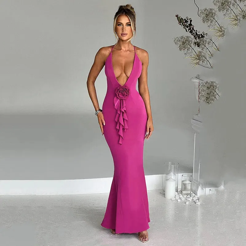 Women's Sexy Backless Maxi Dress with 3D Flower Ruffle Deep V-neck