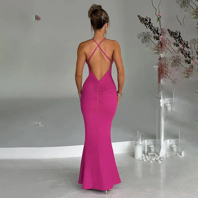 Women's Sexy Backless Maxi Dress with 3D Flower Ruffle Deep V-neck