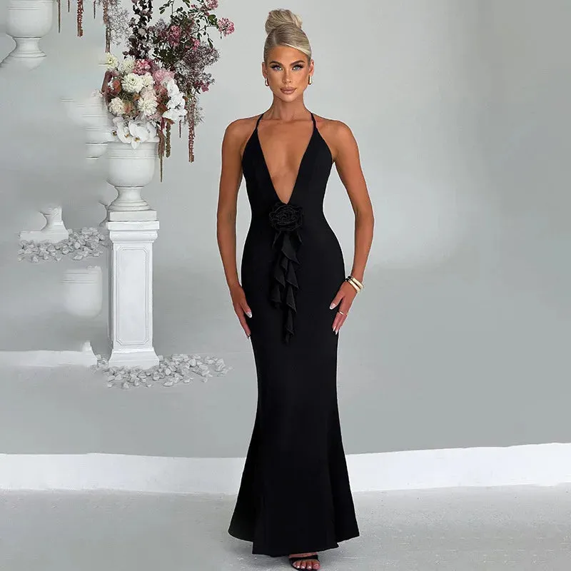 Women's Sexy Backless Maxi Dress with 3D Flower Ruffle Deep V-neck