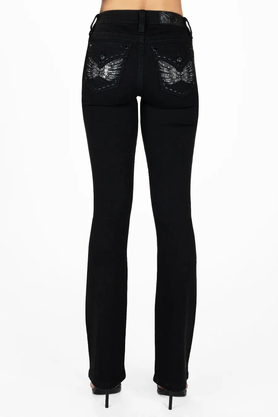 Women's Miss Me Mid-Rise Black Wing Bootcut Denim