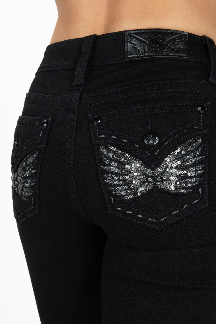 Women's Miss Me Mid-Rise Black Wing Bootcut Denim